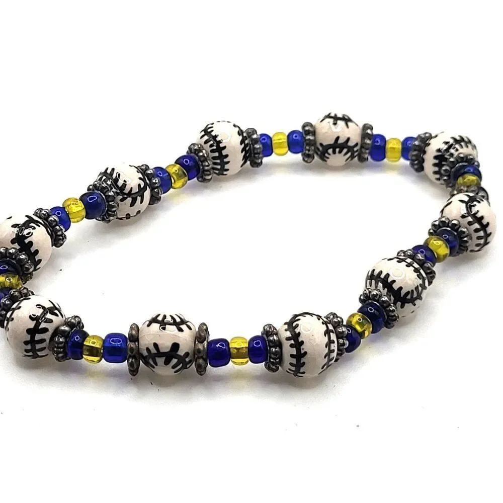 Vintage Handmade Artisan Baseball Beaded Bracelet 7in